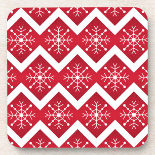 Red and White Christmas Snowflakes Chevron Pattern Coaster