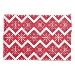 Red and White Christmas Snowflakes Chevron Pattern Pillowcase
