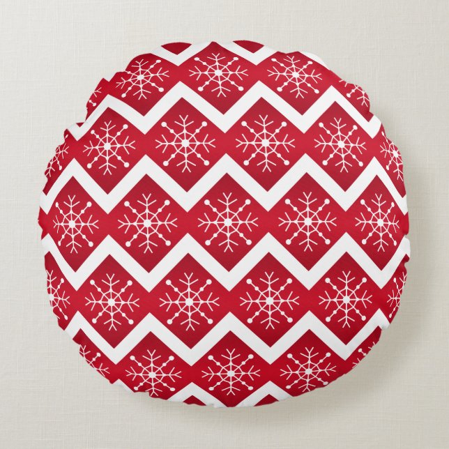 Red and White Christmas Snowflakes Chevron Pattern Round Pillow (Front)