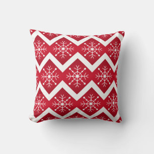 Red and White Christmas Snowflakes Chevron Pattern Throw Pillow