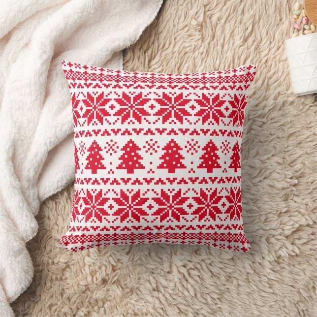 Red and White Christmas Sweater Pattern Throw Pillow (Blanket)