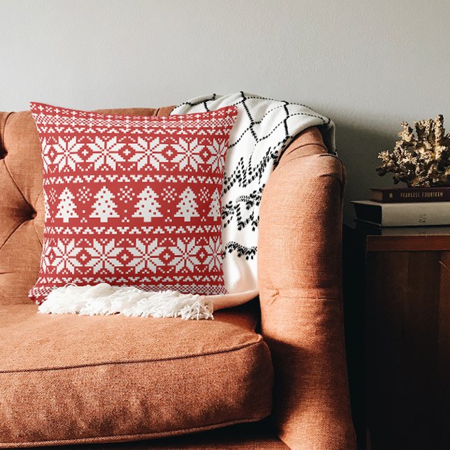Red and White Christmas Sweater Pattern Throw Pillow (Brick red and white Christmas tree and snowflake patterned holiday sweater style decor throw pillow)
