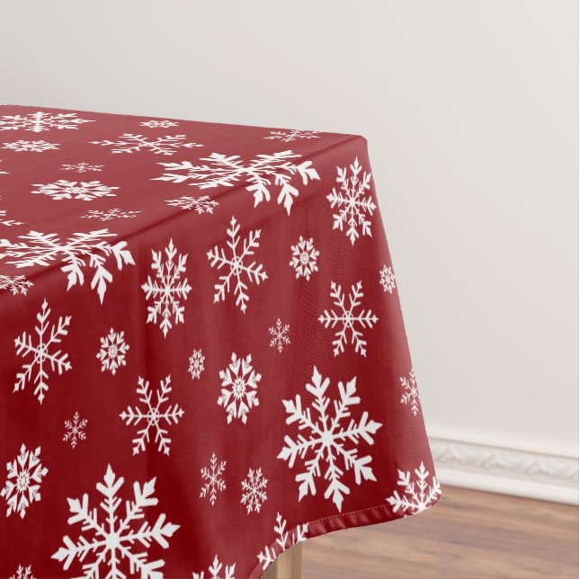 Red And White Classic Holiday Snowflake Pattern Tablecloth (In Situ)