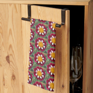 Red and White Collarette Dahlia Floral Pattern Kitchen Towel