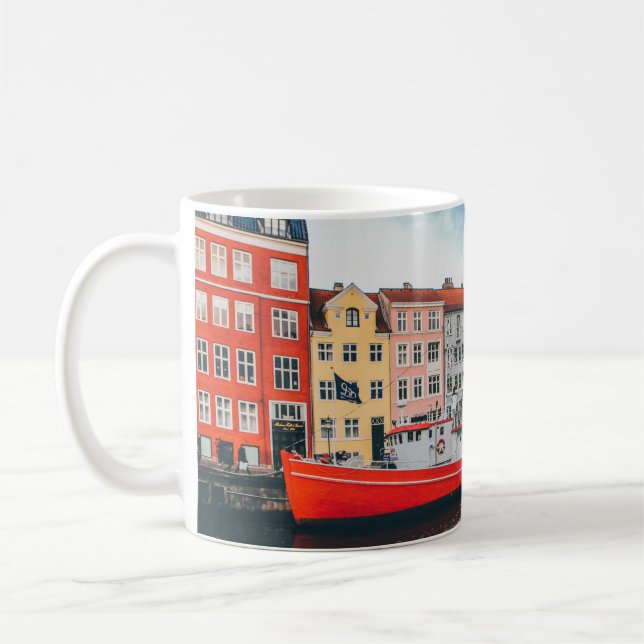 RED AND WHITE CONCRETE BUILDING COFFEE MUG (Left)