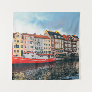 RED AND WHITE CONCRETE BUILDING TAPESTRY