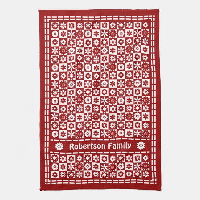 Red and White Country Classic Retro Flower Checks Kitchen Towel (Vertical)