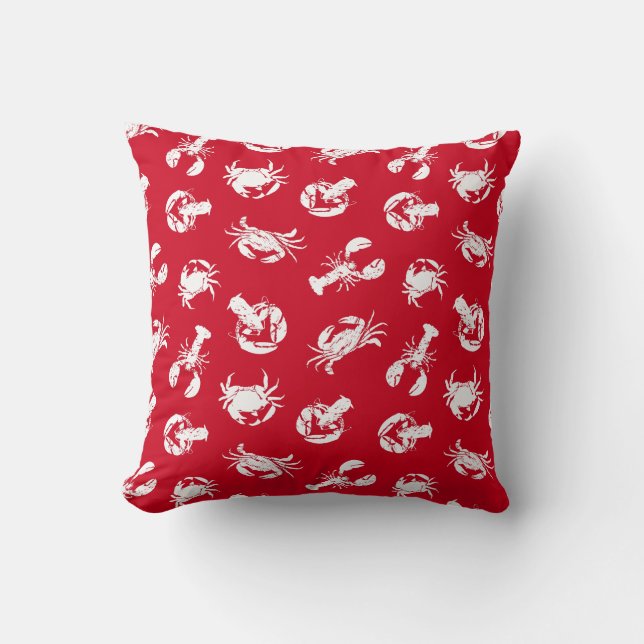 Red and White Crab and Lobster Print Throw Pillow (Front)
