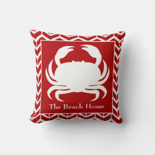 Red and White Crab Personalize Name Nautical Boat Throw Pillow