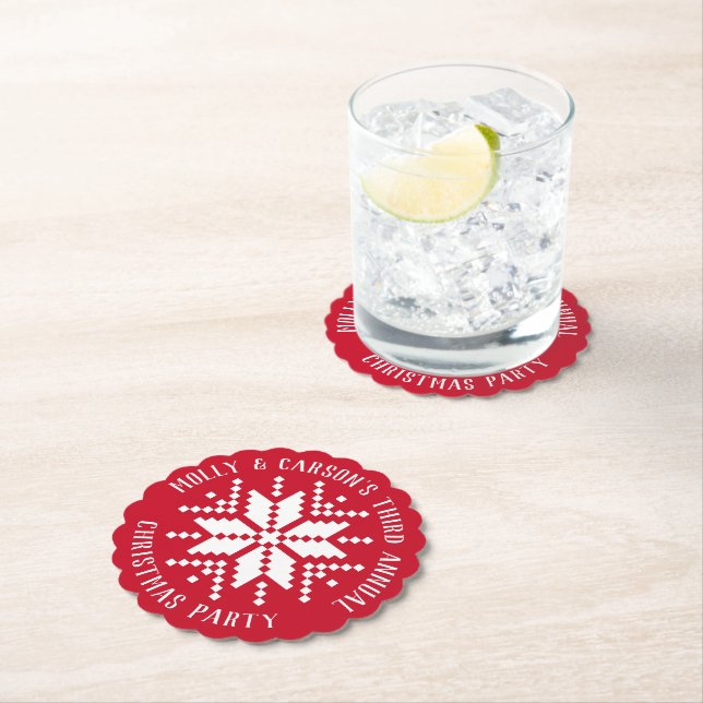 Red and White Custom Text Snowflake Holiday Party Paper Coaster (Insitu)