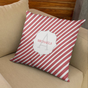Red and White Cute Monogram Name Custom Throw Pillow