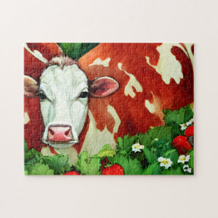 Red and White Dairy Cow in a Strawberry Patch Jigsaw Puzzle