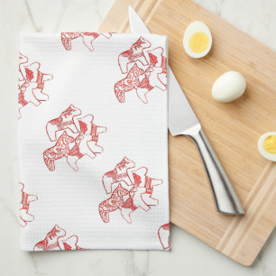 Red and White Dala Horses  Kitchen towel