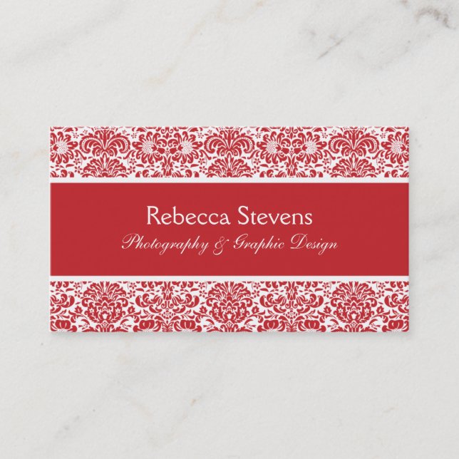 Red and White Damask Business Card (Front)