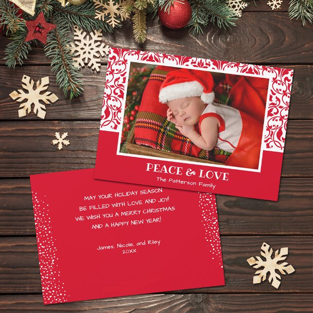 Red and White Damask Christmas Photo Holiday Card (Red and white damask design Christmas photo holiday cards, PRINTED and/or INSTANT DOWNLOAD)