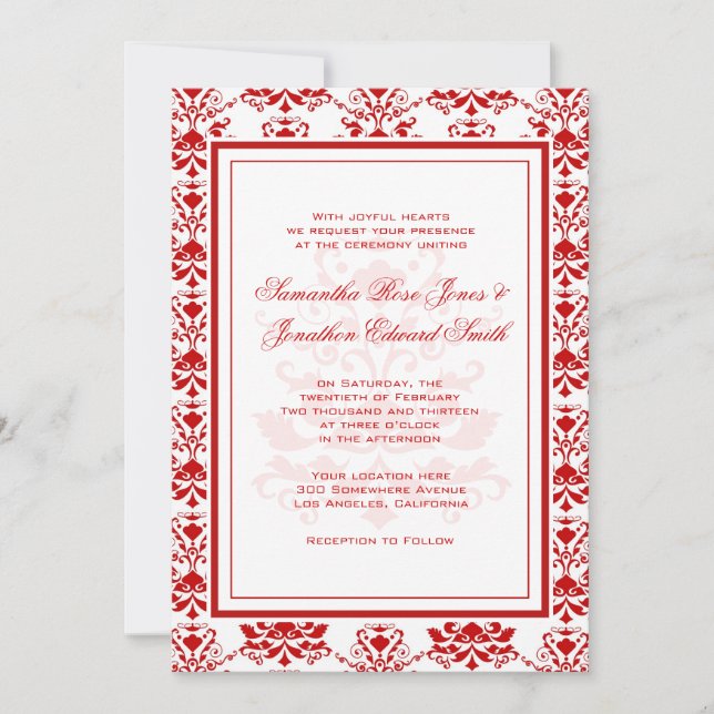 Red and White Damask Elegant Wedding Invitation (Front)