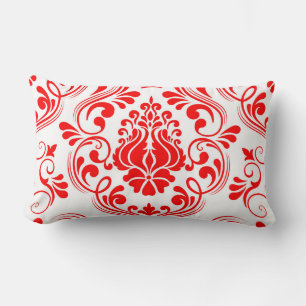 Red and White Damask Floral Elegant Pattern Lumbar Pillow