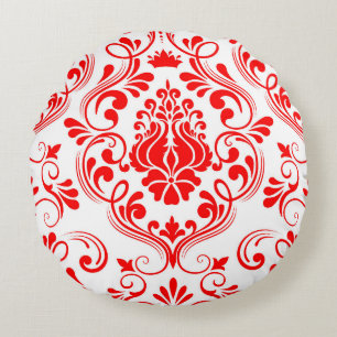 Red and White Damask Floral Elegant Pattern Round Pillow