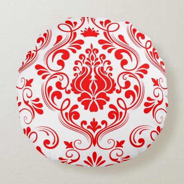 Red and White Damask Floral Elegant Pattern Round Pillow (Front)