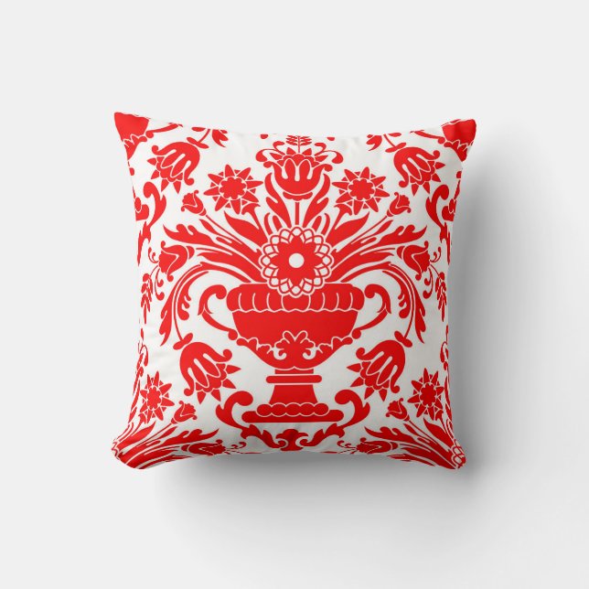 Red and White Damask Floral Pattern Elegant Throw Pillow (Front)