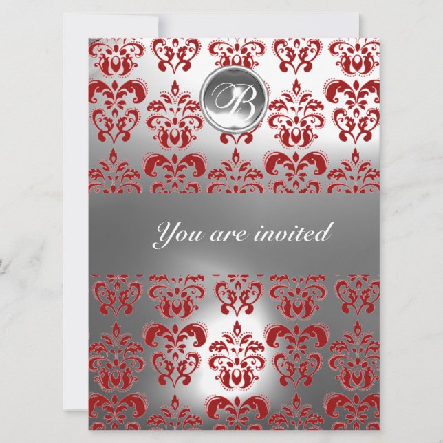 RED AND WHITE DAMASK GEM STONE MONOGRAM INVITATION (Front)