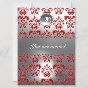 RED AND WHITE DAMASK GEM STONE MONOGRAM INVITATION