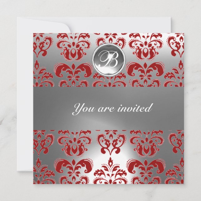 RED AND WHITE DAMASK GEM STONE MONOGRAM INVITATION (Front)