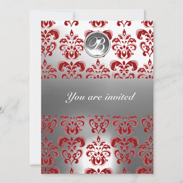 RED AND WHITE DAMASK GEM STONE MONOGRAM INVITATION (Front)