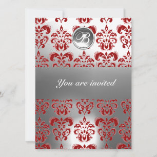 RED AND WHITE DAMASK GEM STONE MONOGRAM INVITATION
