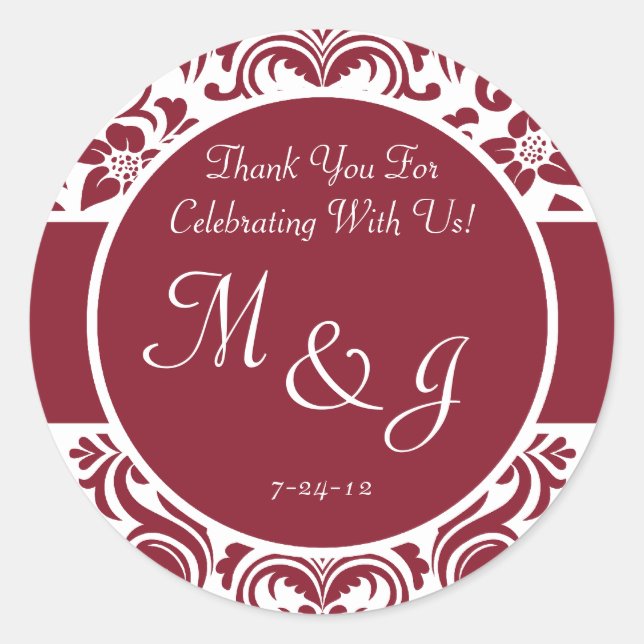 Red and White Damask Wedding Favour Labels (Front)