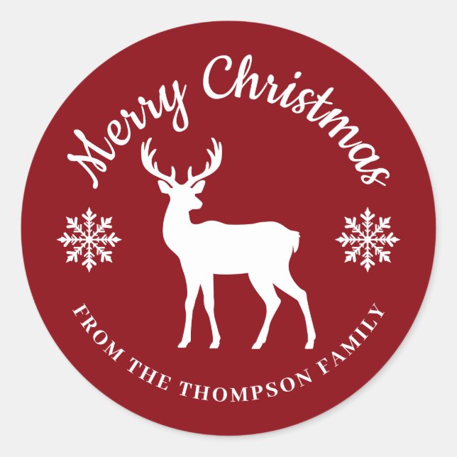 Red And White Deer And Snowflakes Christmas Classic Round Sticker (Front)