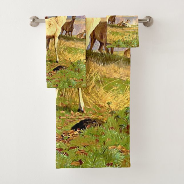 Red And White Deer Near A Forest Pond Bath Towel Set (Insitu)