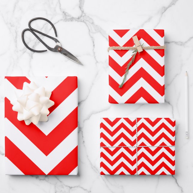 Red and White Different Sizes Chevron Wrapping Paper Sheet (Front)