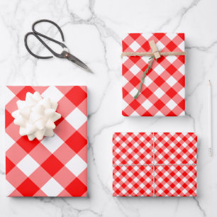 Red and White Different Sizes Diag. Gingham Checks Wrapping Paper Sheet