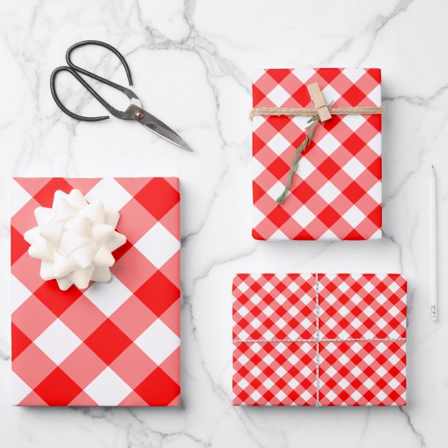 Red and White Different Sizes Diag. Gingham Checks Wrapping Paper Sheet (Front)
