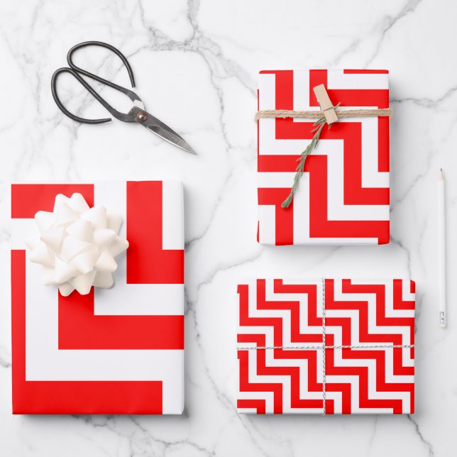 Red and White Different Sizes Diagonal Chevron Wrapping Paper Sheet (Front)