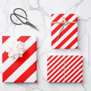 Red and White Different Sizes Diagonal Stripes Wrapping Paper Sheet