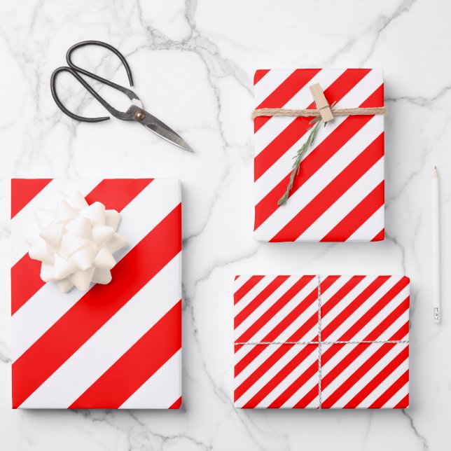 Red and White Different Sizes Diagonal Stripes Wrapping Paper Sheet (Front)