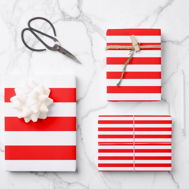 Red and White Different Sizes Horizontal Stripes Wrapping Paper Sheet (Front)