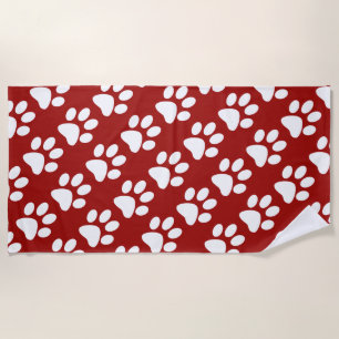 Red And White Dog Paw Print Pattern Beach Towel