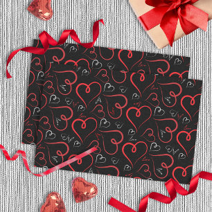 Red and White Doodle Hearts Love Script On Black Tissue Paper