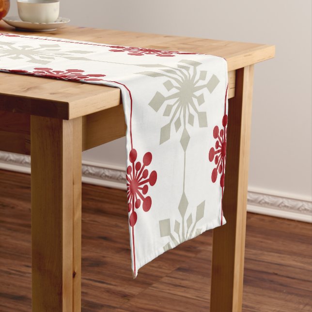 Red and White Elegant Snowflake Christmas Pattern Short Table Runner (In Situ)