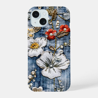 Red and White Embroidered Blooms on Denim iPhone 15 Case