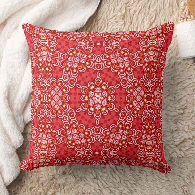 Red and white ethnic boho ornament rustic  throw pillow (Blanket)