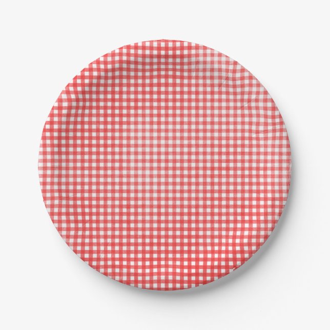 red and white faded gingham design paper plate (Front)