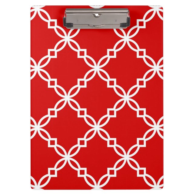 Red and White Fancy Quatrefoil Pattern Clipboard (Front)