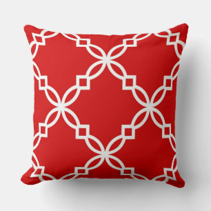 Red and White Fancy Quatrefoil Pattern Throw Pillow