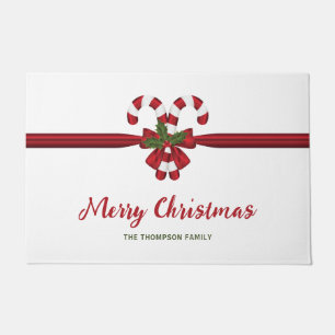 Red And White Festive Candy Canes Bow And Text Doormat