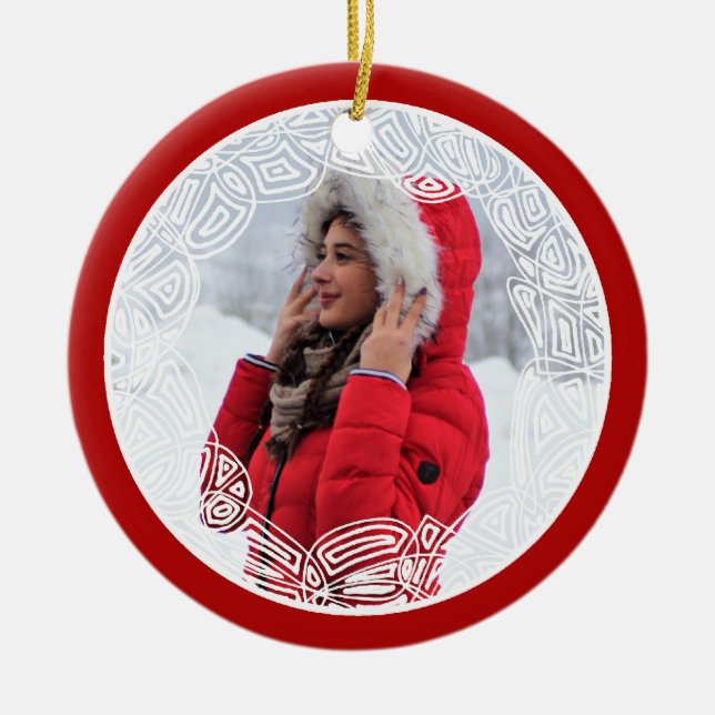 Red and White Filigree - Two Sided Ceramic Ornament (Front)