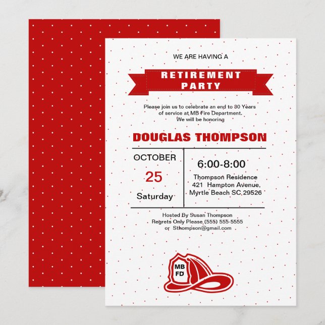 Red and White Firefighter Retirement Invitation (Front/Back)